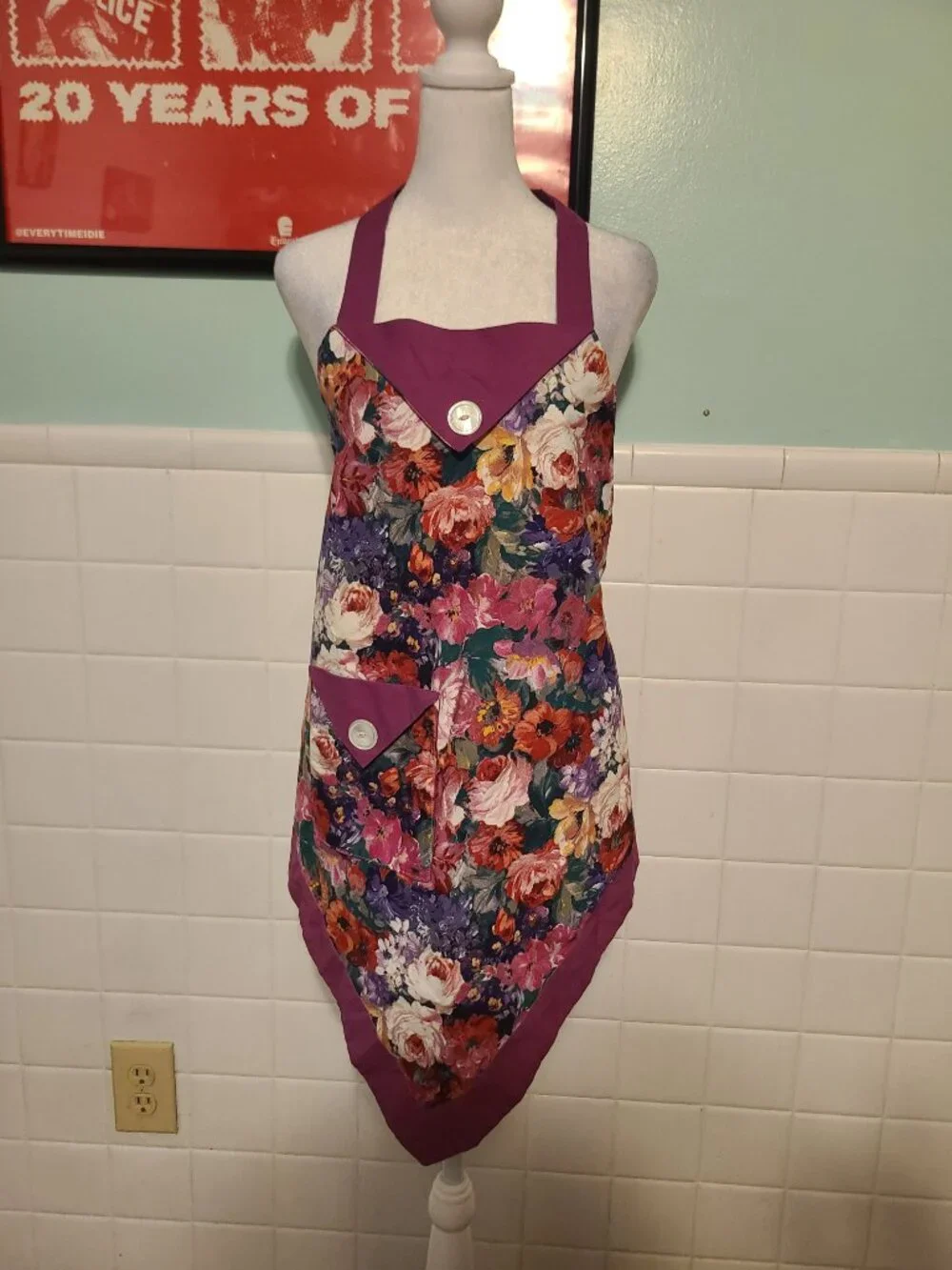 Vintage Handmade Colorful Purple Button Floral Apron Artist Baking Cottagecore